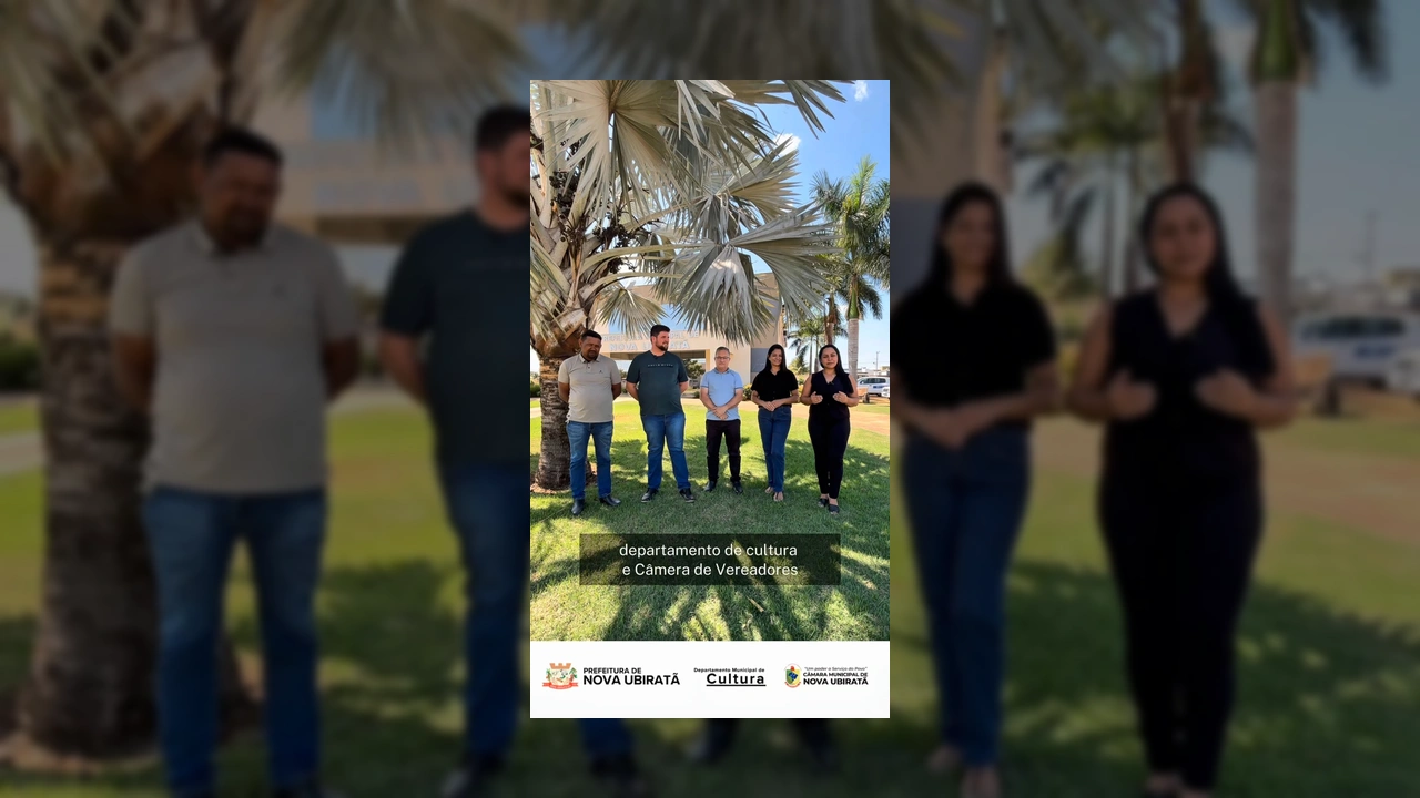 Grupo de cinco pessoas à frente de um prédio sob palmeiras, anunciando o Cine Cultura. Créditos: Prefeitura Municipal de Nova Ubiratã / Instagram.