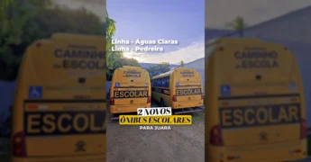 Dois novos ônibus escolares amarelos da Neobus, modelo Thunder, estacionados em área gramada com o texto 'ESCOLAR' na lateral e '2 NOVOS ÔNIBUS ESCOLARES PARA JUARA' e 'Linha - Águas Claras Linha - Pedreira' sobrepostos, por Prefeitura de Juara / Instagram.