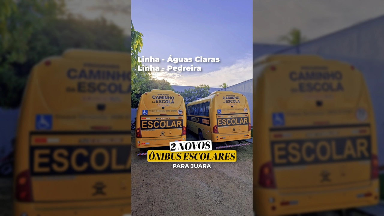 Dois novos ônibus escolares amarelos da Neobus, modelo Thunder, estacionados em área gramada com o texto 'ESCOLAR' na lateral e '2 NOVOS ÔNIBUS ESCOLARES PARA JUARA' e 'Linha - Águas Claras Linha - Pedreira' sobrepostos, por Prefeitura de Juara / Instagram.