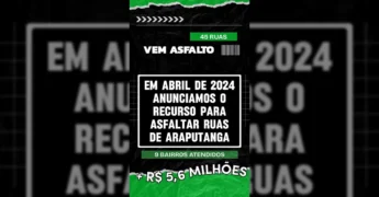 Obras de asfalto em ruas de Araputanga, com máquinas em ação e trechos já pavimentados, cortesia de Prefeitura de Araputanga / Instagram.