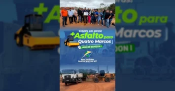 Imagens da cerimônia de assinatura da ordem de serviço e máquinas trabalhando nas obras de pavimentação asfáltica em São José dos Quatro Marcos. Créditos: Prefeitura de São José dos Quatro Marcos / Instagram.