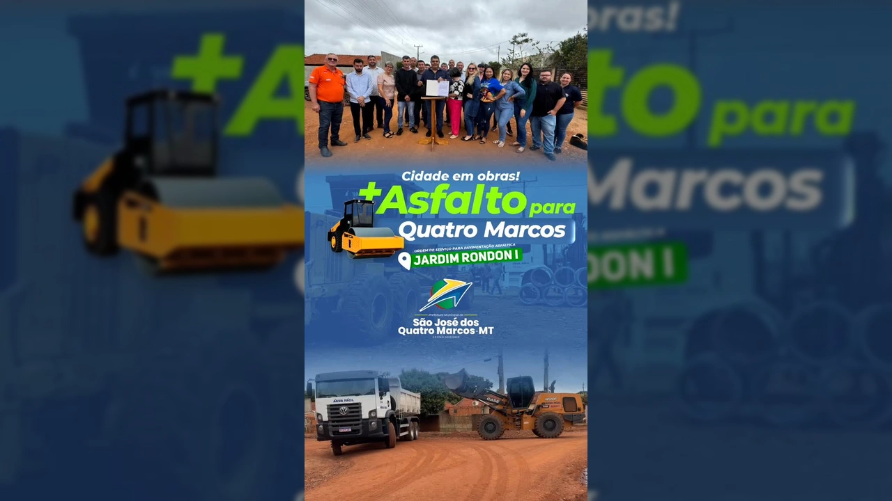 Imagens da cerimônia de assinatura da ordem de serviço e máquinas trabalhando nas obras de pavimentação asfáltica em São José dos Quatro Marcos. Créditos: Prefeitura de São José dos Quatro Marcos / Instagram.