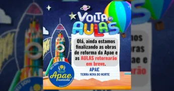 Imagem ilustrativa de volta às aulas com lápis e foguete, e aviso sobre adiamento das aulas da APAE de Terra Nova do Norte. Crédito: TERRA NOVA DO NORTE / Instagram.