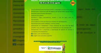 Imagem mostrando o resumo das atividades da Secretaria de Obras de Serra Nova Dourada entre 18 e 22 de agosto, com destaque para um trabalhador da construção civil. Créditos: Governo de Serra Nova Dourada / Instagram
