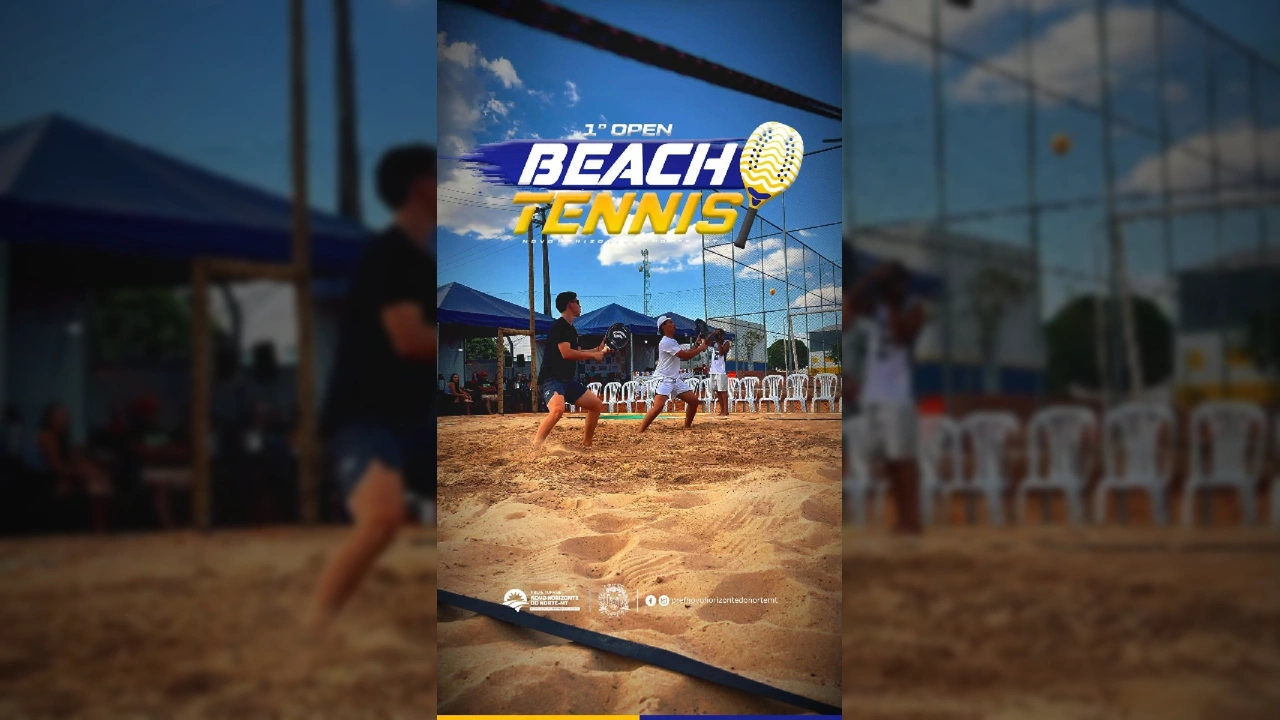 Pessoas jogando beach tênis em quadras de areia durante o 1º Open em Novo Horizonte do Norte-MT, por prefnovohorizontedonortemt no Instagram