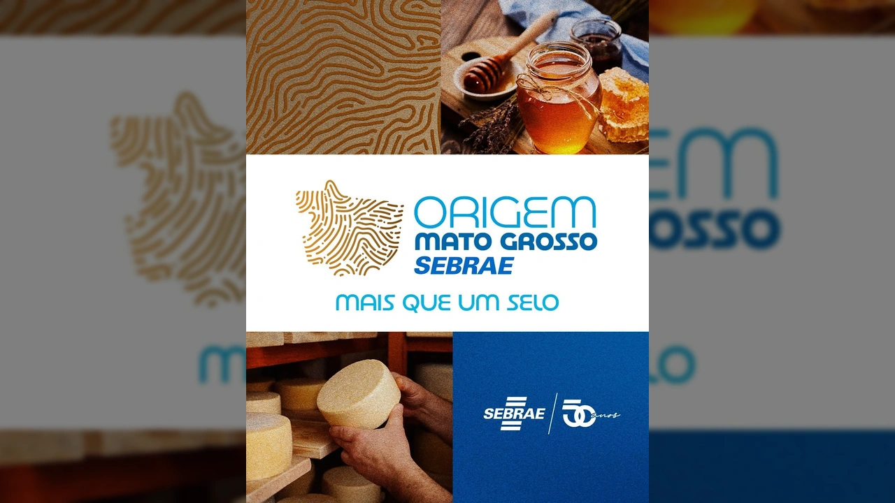 Selo Origem MT do Sebrae Mato Grosso com imagens de produtos regionais como queijo e mel e o padrão que representa a identidade. Créditos: Instagram @sebraematogrosso.