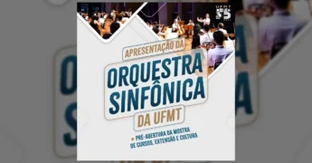 Orquestra Sinfônica da UFMT tocando em palco, com músicos e maestro em destaque, em Barra do Garças. Crédito: UFMT - Campus Universitário Araguaia