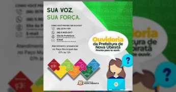 Detalhes dos canais de atendimento da Ouvidoria da Prefeitura de Nova Ubiratã, incluindo telefones, e-mail e site.