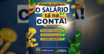 Anúncio oficial da Prefeitura Municipal de Guarantã do Norte sobre o depósito dos vencimentos de agosto de 2025 para seus funcionários.