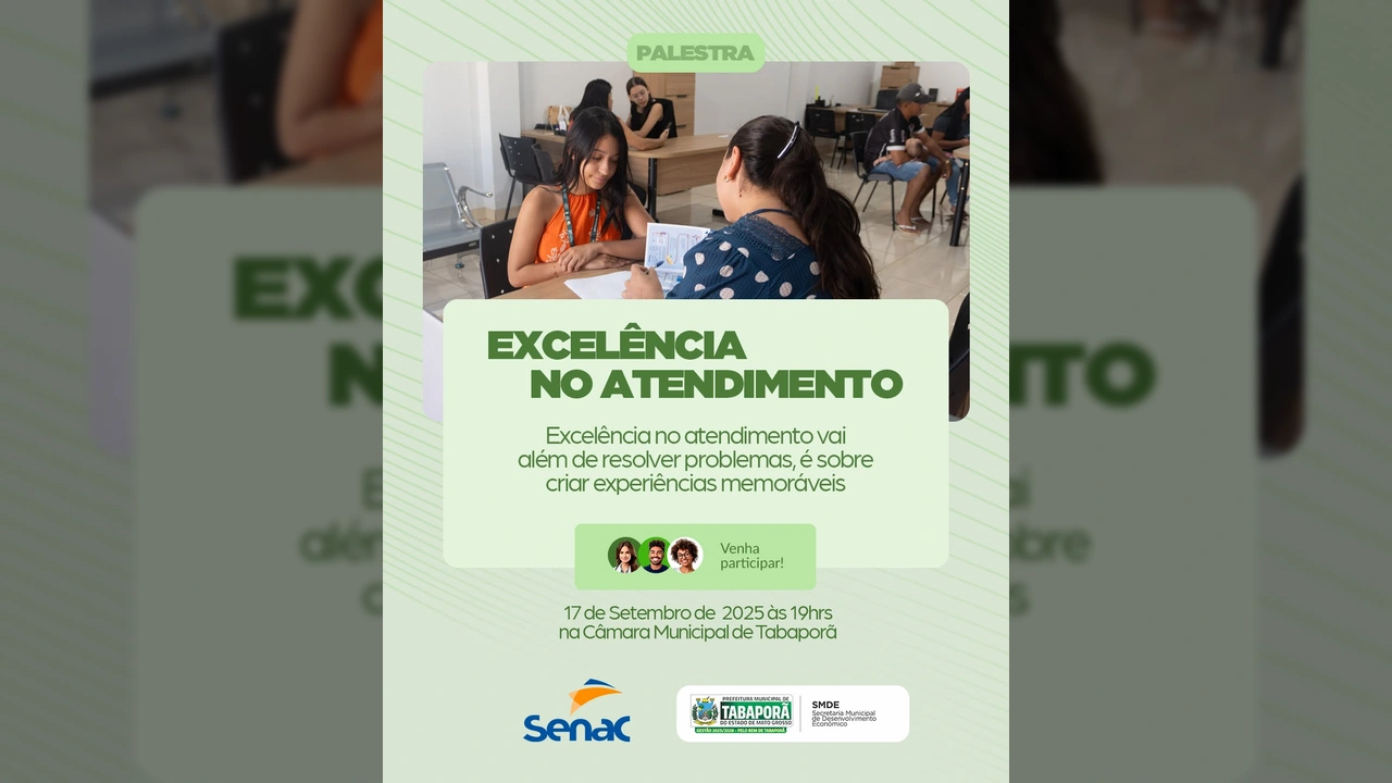 Imagem ilustrativa de pessoas em um ambiente de treinamento, com o título 'Excelência no Atendimento'. Créditos: Prefeitura de Tabaporã / Instagram.