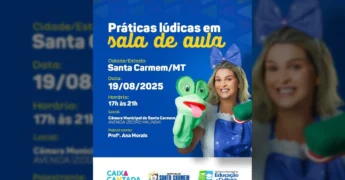 Foto da Professora Ana Morais com um fantoche de sapo, ilustrando as práticas lúdicas para a palestra em Santa Carmem. Créditos: Prefeitura de Santa Carmem / Instagram.