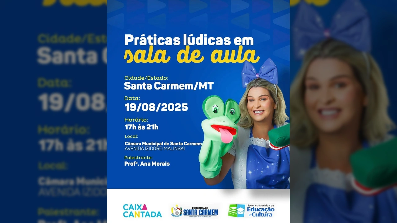 Foto da Professora Ana Morais com um fantoche de sapo, ilustrando as práticas lúdicas para a palestra em Santa Carmem. Créditos: Prefeitura de Santa Carmem / Instagram.