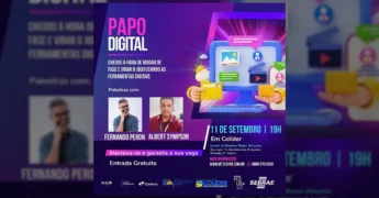 Banner informativo do evento Papo Digital Sebrae em Colíder com imagens dos palestrantes Fernando Peron e Albert Sympson. Créditos: Prefeitura de Colíder / Instagram.