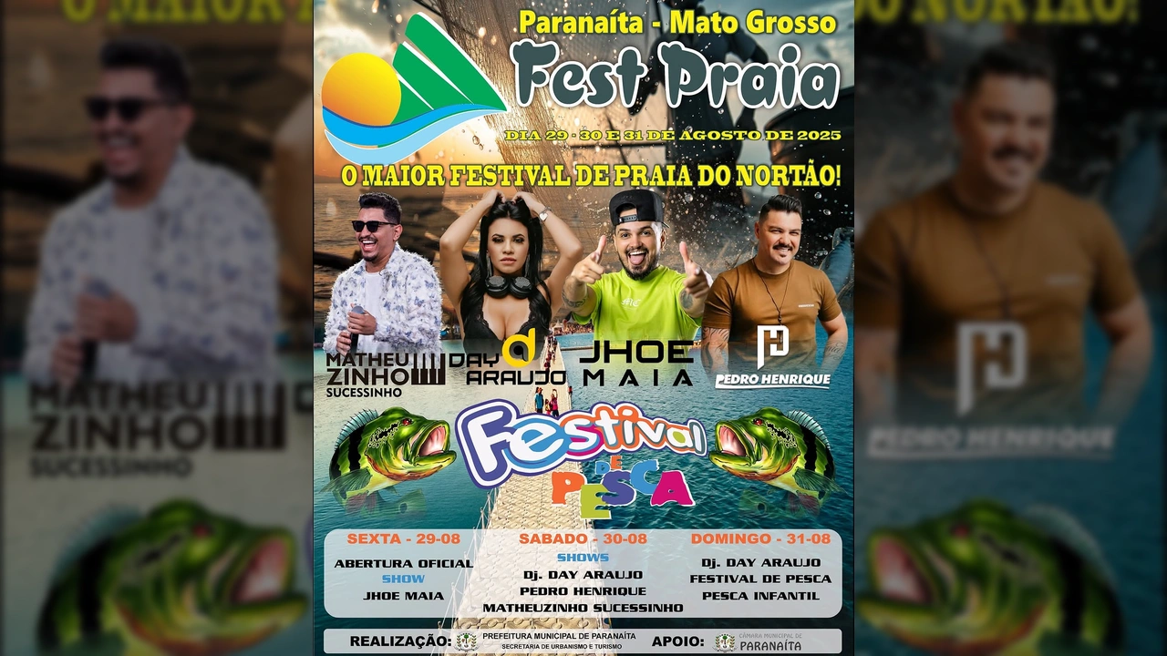 Cartaz do Paranaíta Fest Praia e Festival de Pesca em Paranaíta, Mato Grosso, anunciando as datas e atrações. Créditos: Descubra Paranaita / Instagram
