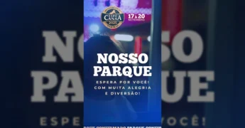 Vista aérea e detalhes de brinquedos do parque de diversões da ExpoCanaã 2025 em Nova Canaã do Norte, MT, com pessoas se divertindo. Crédito: expocanaa2025.