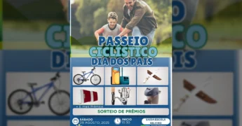 Imagem de pai e filho andando de bicicleta, divulgando o Passeio Ciclístico Dia dos Pais em Santa Carmem.