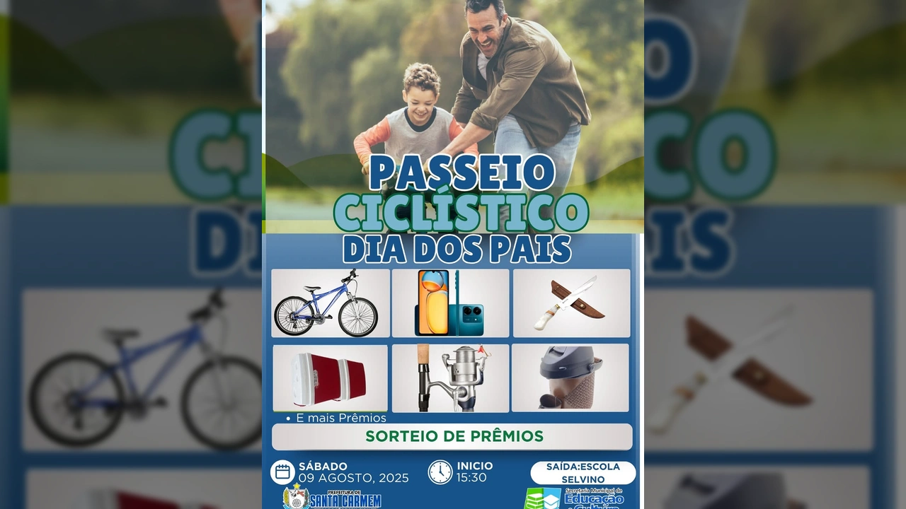 Imagem de pai e filho andando de bicicleta, divulgando o Passeio Ciclístico Dia dos Pais em Santa Carmem.