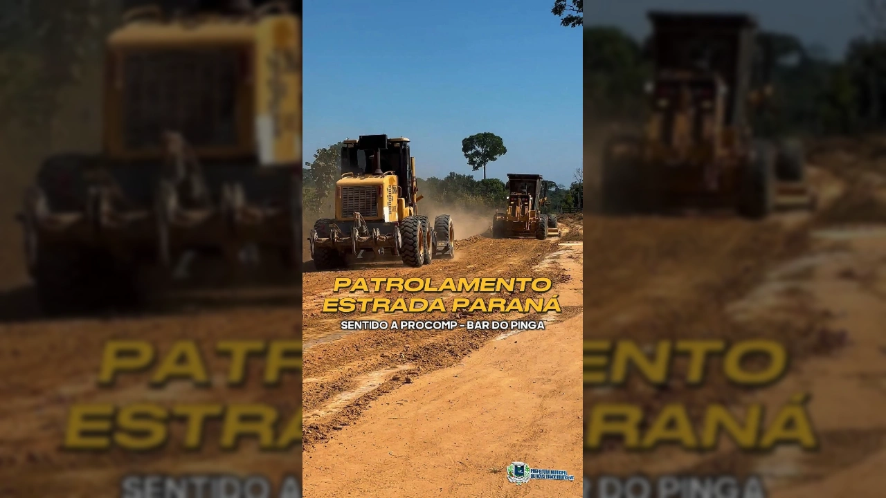 Patrolamento de estrada de terra com máquina pesada em Nova Bandeirantes, com homens da prefeitura acompanhando. Créditos: Prefeitura de Nova Bandeirantes / Instagram.