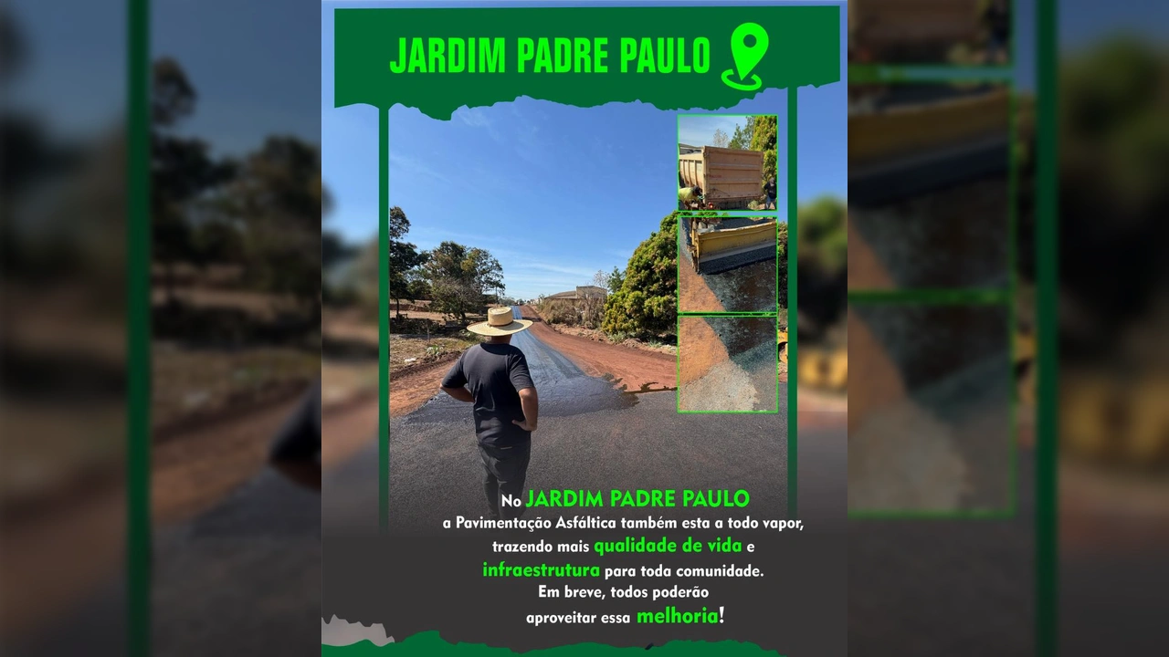 Foto da obra de pavimentação asfáltica no Jardim Padre Paulo, Acorizal, com trabalhadores e máquinas em ação. Crédito: Prefeitura de Acorizal / Instagram.