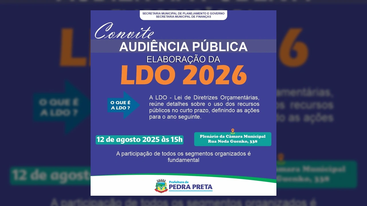 Convite da Prefeitura de Pedra Preta-MT para a Audiência Pública da LDO 2026 na Câmara Municipal