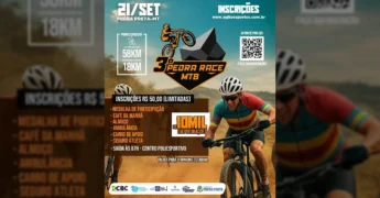 Imagem de um ciclista em trilha, com informações do evento 3º Pedra Race MTB em Pedra Preta-MT. Créditos: Prefeitura de Pedra Preta-MT / Instagram