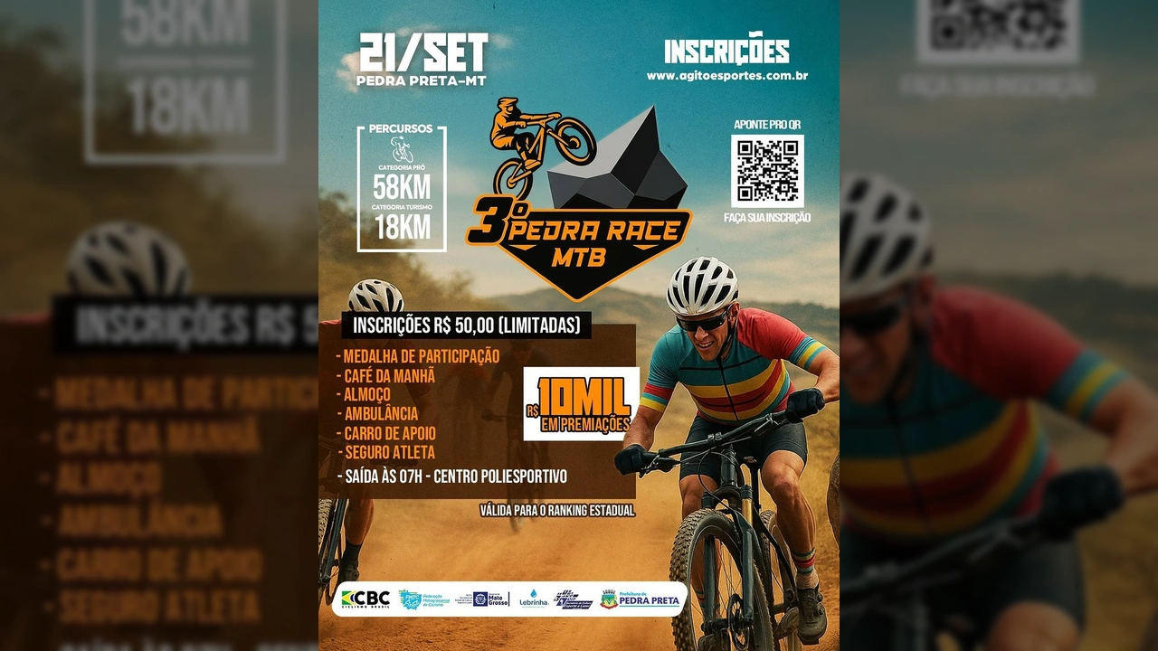 Imagem de um ciclista em trilha, com informações do evento 3º Pedra Race MTB em Pedra Preta-MT. Créditos: Prefeitura de Pedra Preta-MT / Instagram