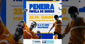 Jovens jogadores de futebol em destaque no pôster de peneira, uma iniciativa da Secretaria Municipal Adjunta de Esporte e Lazer de Nossa Senhora do Livramento.