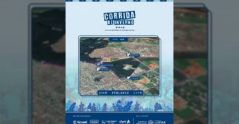 Mapa do percurso de 5km da Corrida de Inverno no Lago Harri Müller, Lucas do Rio Verde, com pontos de hidratação. Crédito: Secretaria de Esporte e Lazer de Lucas do Rio Verde / Instagram.