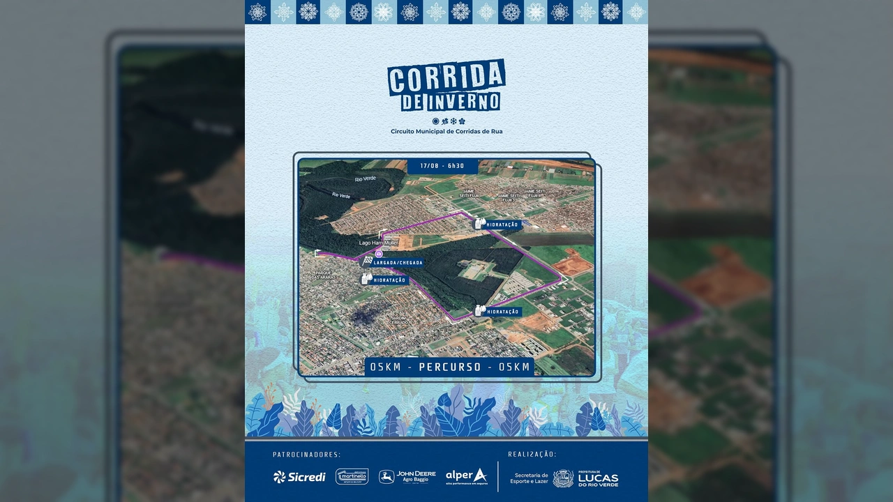 Mapa do percurso de 5km da Corrida de Inverno no Lago Harri Müller, Lucas do Rio Verde, com pontos de hidratação. Crédito: Secretaria de Esporte e Lazer de Lucas do Rio Verde / Instagram.