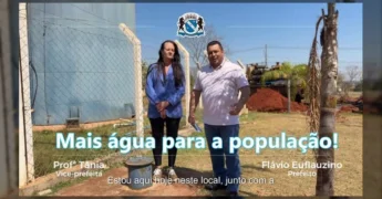 Imagem do prefeito e vice-prefeita de Campos Novos Paulista ao lado do novo poço artesiano / Instagram @prefeituracnp