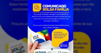 Card informativo da Prefeitura de Poxoréu sobre a pesagem obrigatória do Bolsa Família, com horários e documentos.