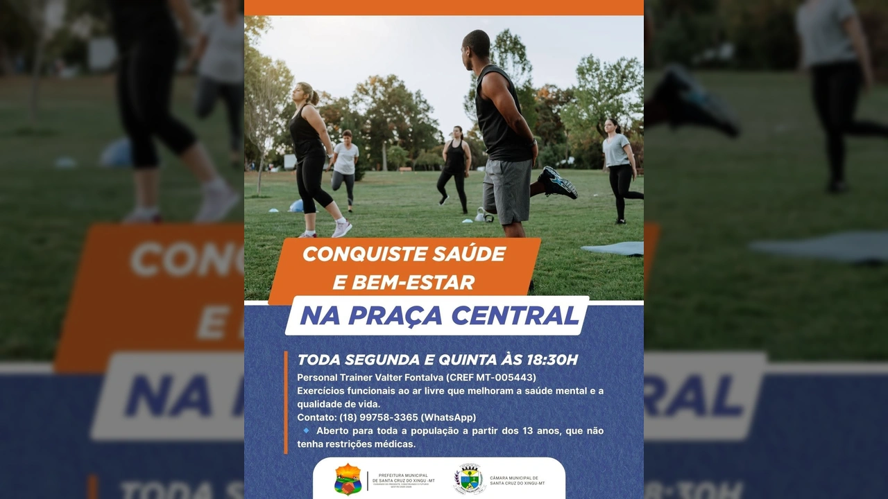 Grupo de pessoas fazendo exercícios ao ar livre em um parque, sob a orientação de um personal trainer. Créditos: Prefeitura Municipal de Santa Cruz do Xingu / Instagram