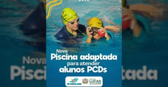 Imagem de crianças com deficiência em piscina adaptada, em Lucas do Rio Verde. Créditos: Prefeitura de Lucas do Rio Verde / Instagram.