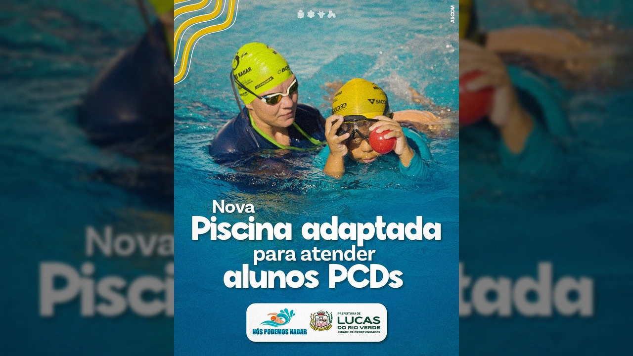 Imagem de crianças com deficiência em piscina adaptada, em Lucas do Rio Verde. Créditos: Prefeitura de Lucas do Rio Verde / Instagram.