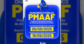 Megafone azul e amarelo sobre um fundo azul com as informações do Chamamento Público PMAAF de Nova Monte Verde, com datas para resultados e assinatura de contratos.