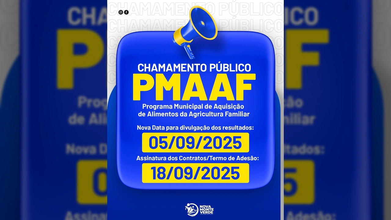 Megafone azul e amarelo sobre um fundo azul com as informações do Chamamento Público PMAAF de Nova Monte Verde, com datas para resultados e assinatura de contratos.