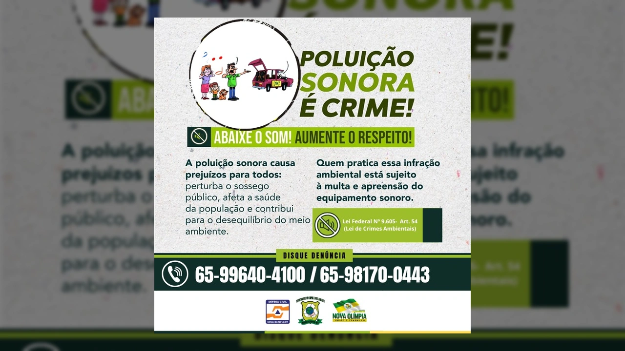 Imagem ilustrativa da campanha 'Poluição Sonora é Crime' da Prefeitura de Nova Olímpia, com pessoas incomodadas por som alto de carro. Crédito: Instagram prefeituradenovaolimpia