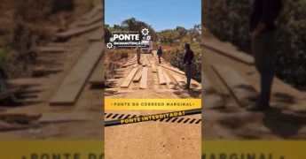 Imagens da ponte do Córrego Marginal em Juara em processo de manutenção, com trabalhadores e tábuas de madeira na estrutura, indicando a interdição da via para obras essenciais. Crédito: Prefeitura de Juara / Instagram