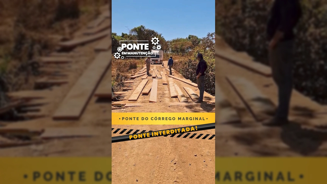 Imagens da ponte do Córrego Marginal em Juara em processo de manutenção, com trabalhadores e tábuas de madeira na estrutura, indicando a interdição da via para obras essenciais. Crédito: Prefeitura de Juara / Instagram