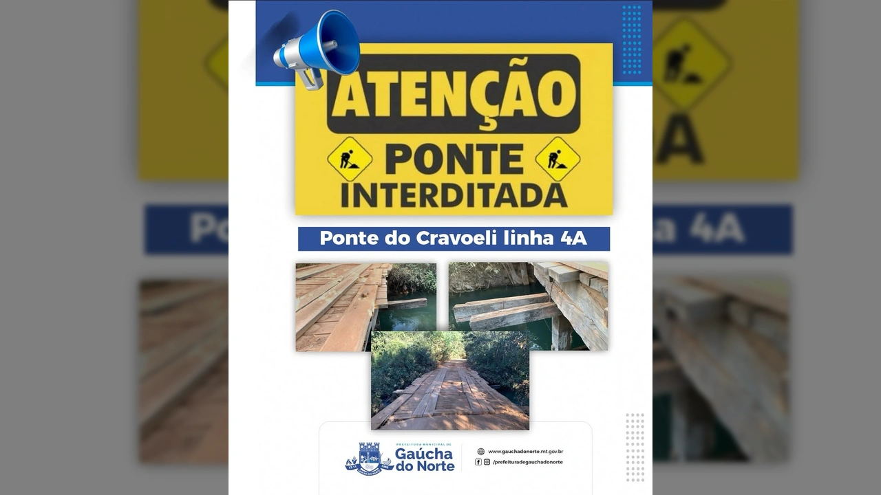 Ponte de madeira na Linha 4A do Cravoeli em Gaúcha do Norte (MT), interditada para manutenção estrutural. Créditos: Prefeitura de Gaúcha do Norte (MT) / Instagram.