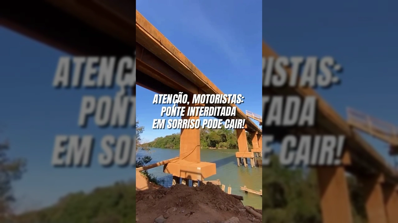 Imagem da ponte danificada sobre o Rio Teles Pires em Sorriso, com sinalização de interdição. Crédito: Governo de Mato Grosso / Instagram.