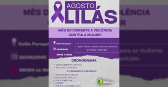 Cartaz do Agosto Lilás em Porto Esperidião, com um laço roxo e detalhes do evento. Crédito: Prefeitura Municipal de Porto Esperidião / Instagram