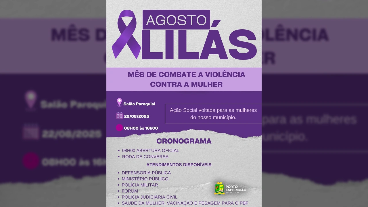 Cartaz do Agosto Lilás em Porto Esperidião, com um laço roxo e detalhes do evento. Crédito: Prefeitura Municipal de Porto Esperidião / Instagram