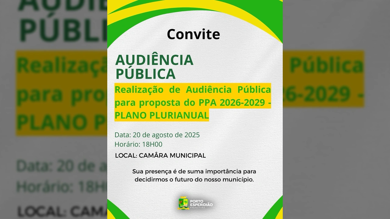 Convite digital da Prefeitura de Porto Esperidião para a Audiência Pública do PPA 2026-2029. Crédito: @portoesperidiao.mt