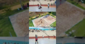 Imagem aérea do Balneário Lagoa e ginásio de Poxoréu com atividades esportivas de beach tennis e futsal. Créditos: Prefeitura de Poxoréu / Instagram.