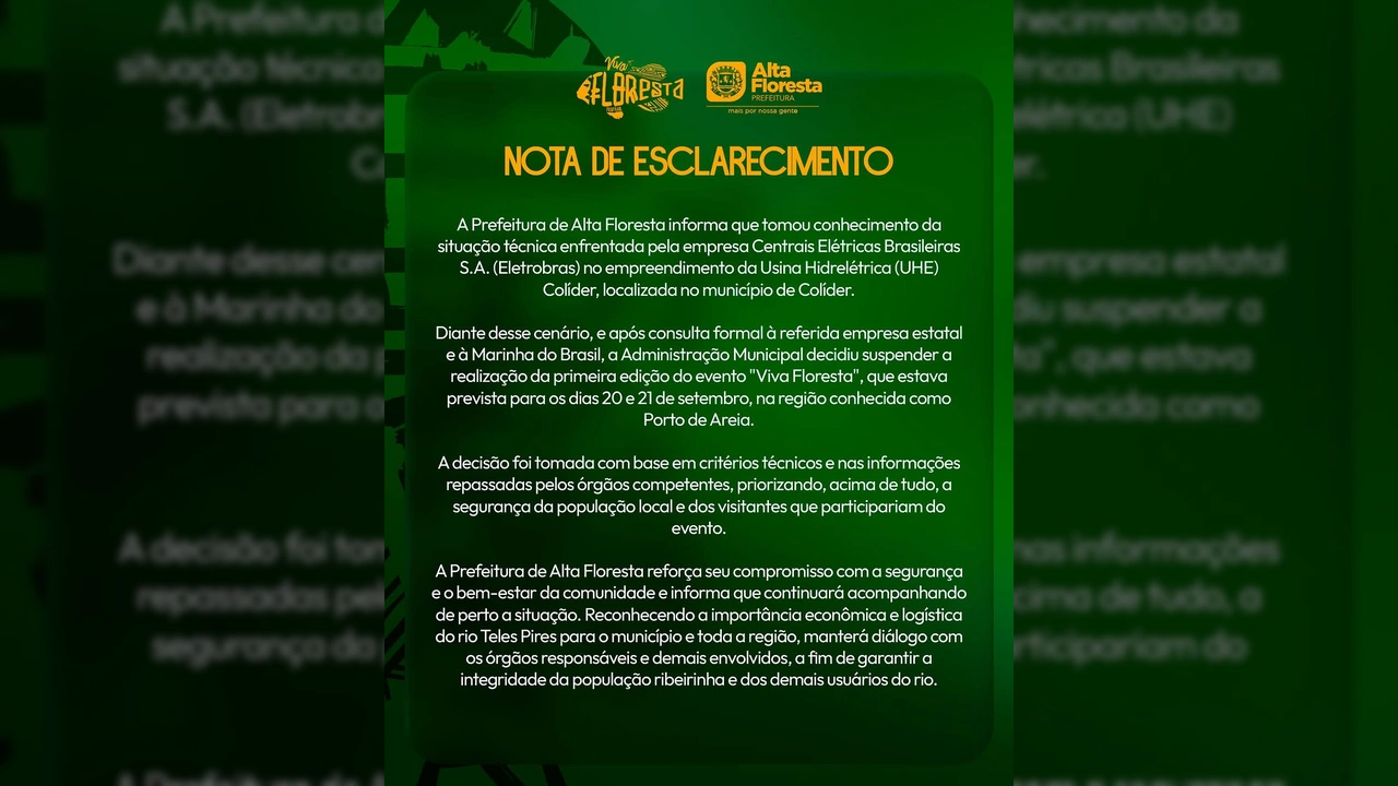 Imagem da nota oficial sobre a suspensão do evento Viva Floresta em Alta Floresta / Instagram