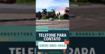 Foto do prédio da Prefeitura de Barra do Bugres com o telefone 0800 880-1845 em destaque, créditos a Prefeitura de Barra do Bugres no Instagram.