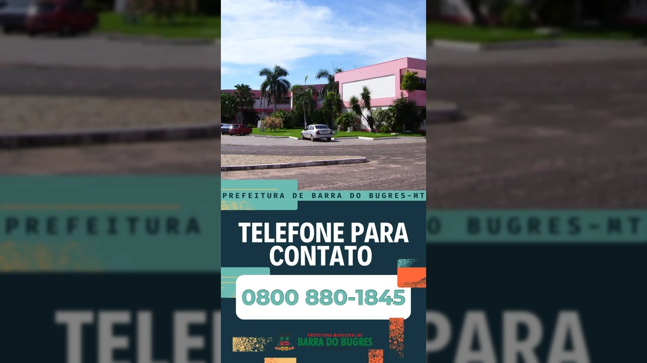 Foto do prédio da Prefeitura de Barra do Bugres com o telefone 0800 880-1845 em destaque, créditos a Prefeitura de Barra do Bugres no Instagram.