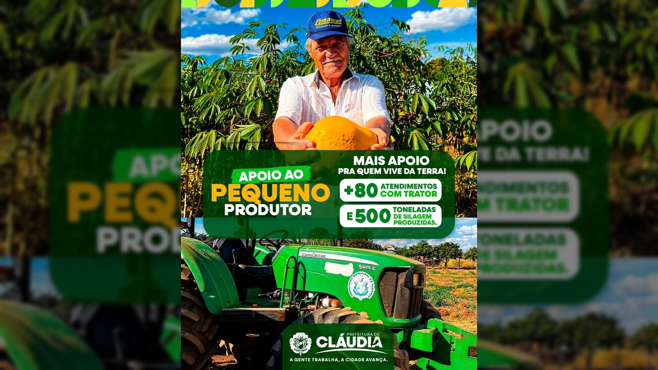 Homem idoso sorrindo segurando um mamão com um trator verde ao fundo, símbolo do apoio da Prefeitura de Cláudia à agricultura familiar.