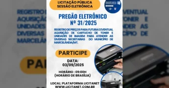 Imagem ilustrativa de uma impressora com suprimentos, anunciando o Pregão Eletrônico 31/2025 da Prefeitura de Marcelândia. Crédito: Instagram @saladoempreendedormarcelandia